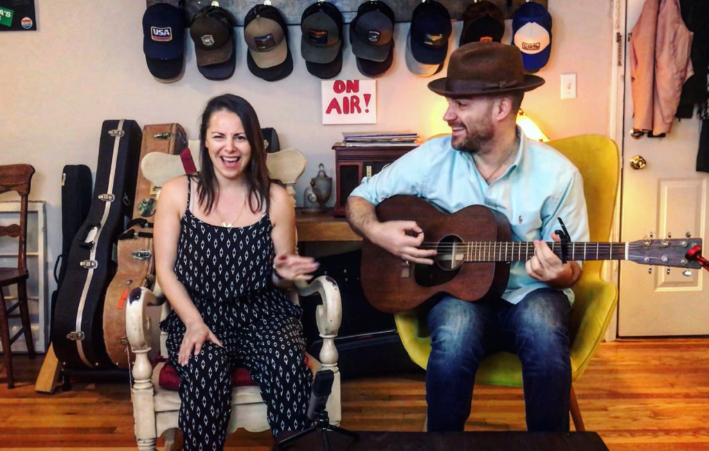 Lauren LeMunyan and Justin Trawick ’04 are the stars of the “The Lauren and Justin Show,” which has streamed live every Sunday and Thursday evening since their first in-person music gig was cancelled March 12.