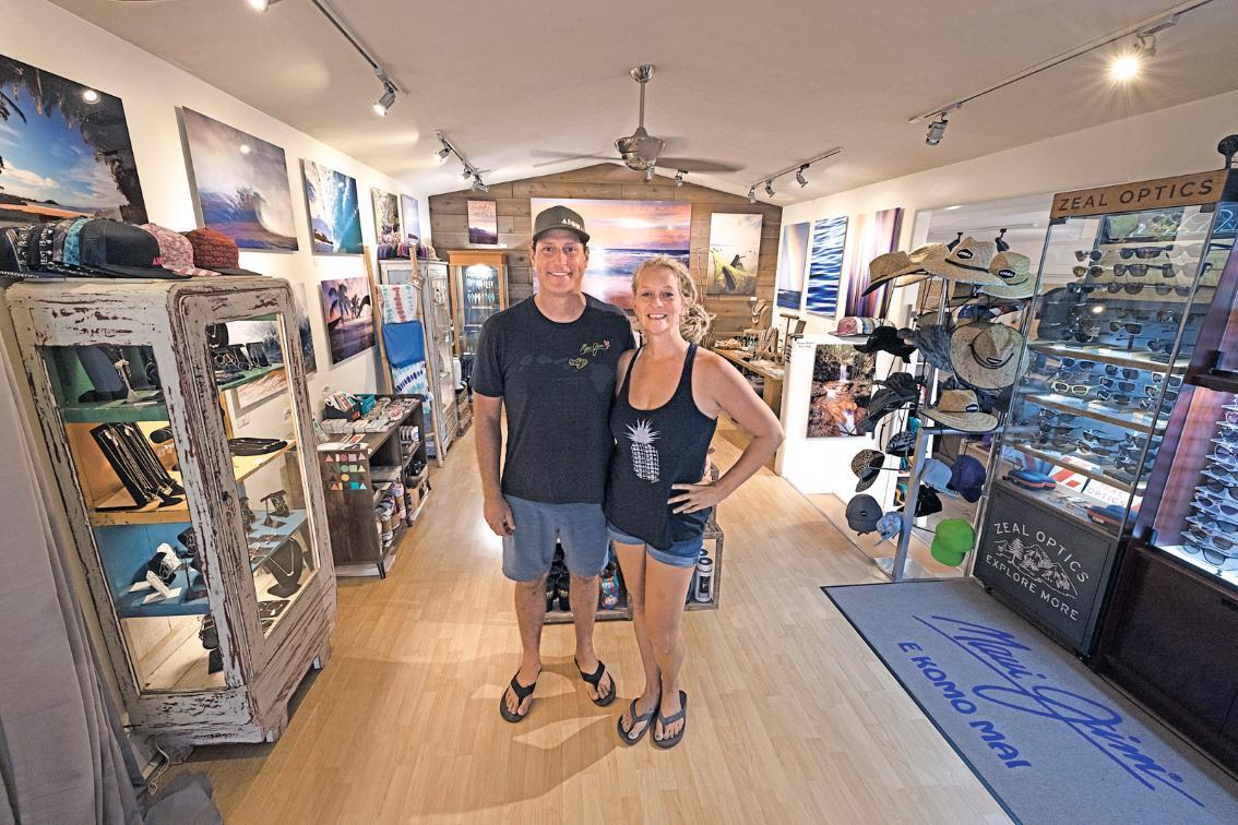Stu (left) and Billie Soley, Class of 2008, are the owners of Soley Aloha, a boutique and gallery on Maui, where they sell Stu’s photography, their own trademarked merchandise and handcrafted items from 40 other Hawaiian artists. Credit: Stu Soley ’08