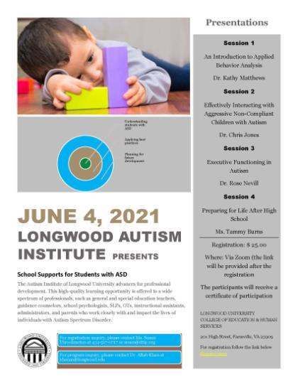 Flyer with information about the June 4, 2021 Autism Institute