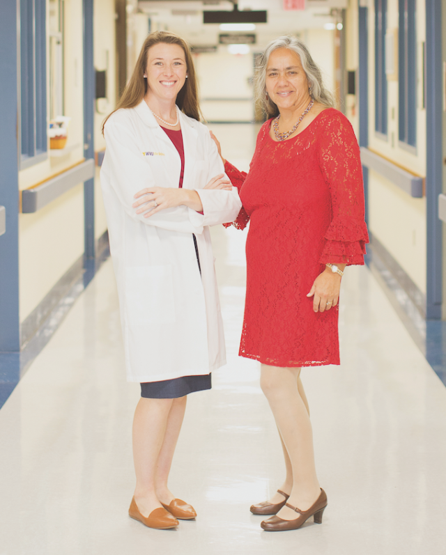 Dr. Madison Humerick ’09 (left) has relied on the advice of Dr. Consuelo Alvarez from her freshman year at Longwood through medical school and starting a family (Photo by Jack Looney).