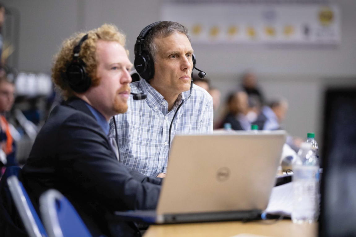 Sam Hovan (left), the new Voice of the Lancers, announces men’s basketball and several other sports. He recently was joined by Rohn Brown ’84, who provides color commentary for broadcasts of men’s basketball games on WVHL FM. (Photo courtesy of Mike Kropf ’14)