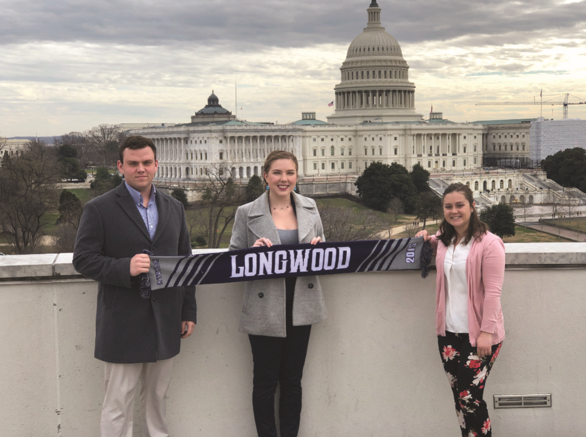 Caroline Carter ’19 (center) spent a day immersed in the Washington, D.C., political scene while shadowing Kaitlin Owens ’16 (right), a criminal justice reform and policy analyst with the American Conservative Union Foundation. They met James Scribner ’17, regulatory affairs specialist at the National Mining Association, for lunch following a tour of the Capitol.