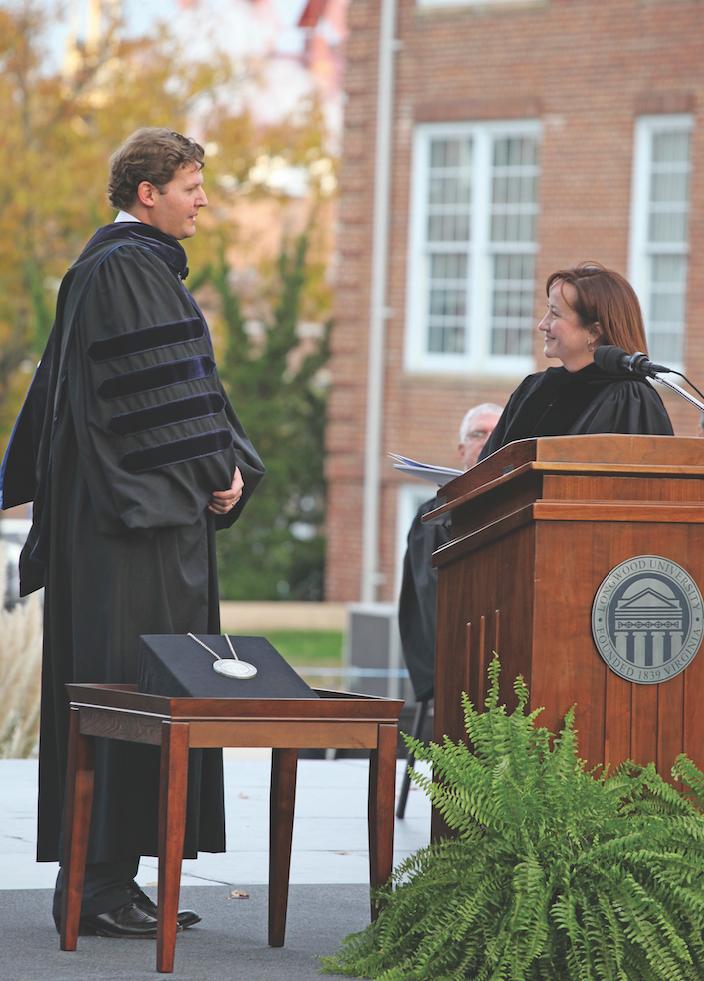 President W. Taylor Reveley IV and Rector Marianne Radcliff ’92 at Reveley’s inauguration in November 2013.