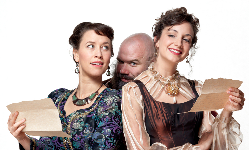 The cast of The Merry Wives of Windsor includes, from left, Bridget Rue (as Mistress Page), Rick Blunt (Falstaff) and Stephanie Holladay Earl (Mistress Ford). Photo credit Michael Bailey