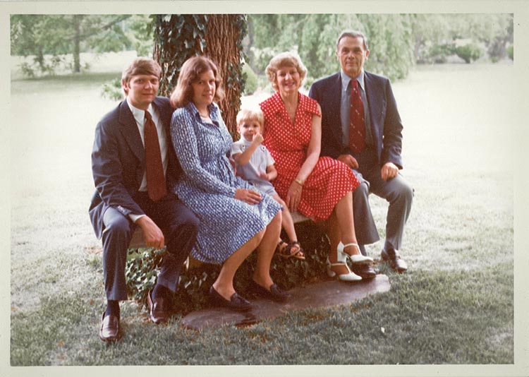 Three generations of the Reveley family in 1976 at Hampden-Sydney College: (from left) W. Taylor Reveley III, future president of the College of William & Mary, and Helen Reveley; W. Taylor Reveley IV, future president of Longwood University, as a child; and Marie Eason Reveley '40 and W. Taylor Reveley II, president of Hampden-Sydney College from 1963 to 1977