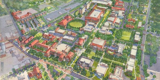 Aerial view of the Longwood University campus master plan