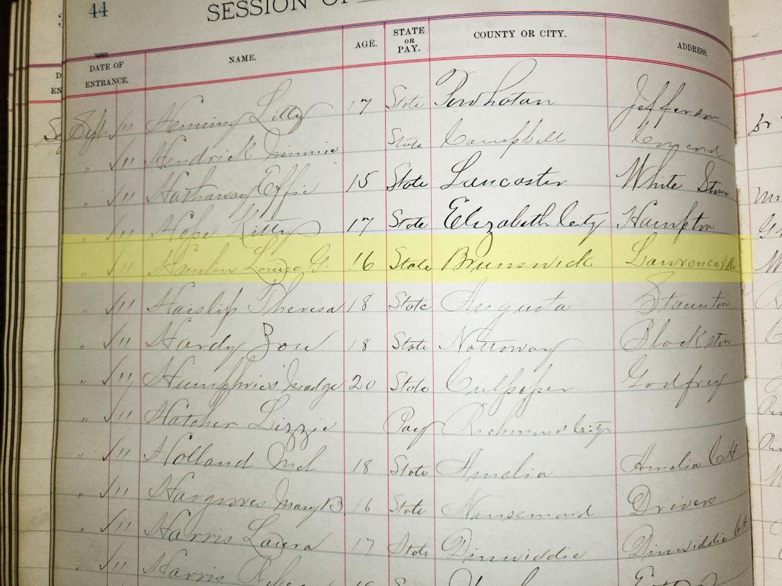 Student record book located in the university archives shows Louise Grey Hamlin Barham having enrolled in 1895.