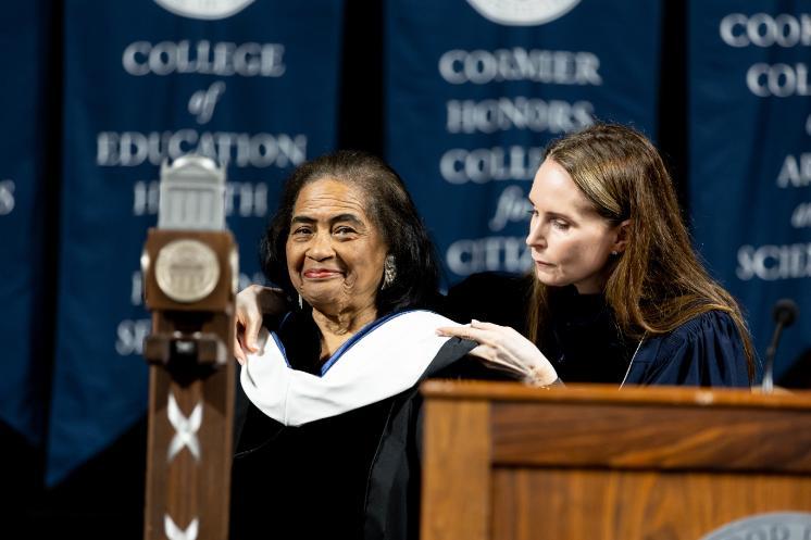 Joan Johns Cobbs, a plaintiff in the court case Davis v. County School Board of Prince Edward County, is presented with an honorary degree