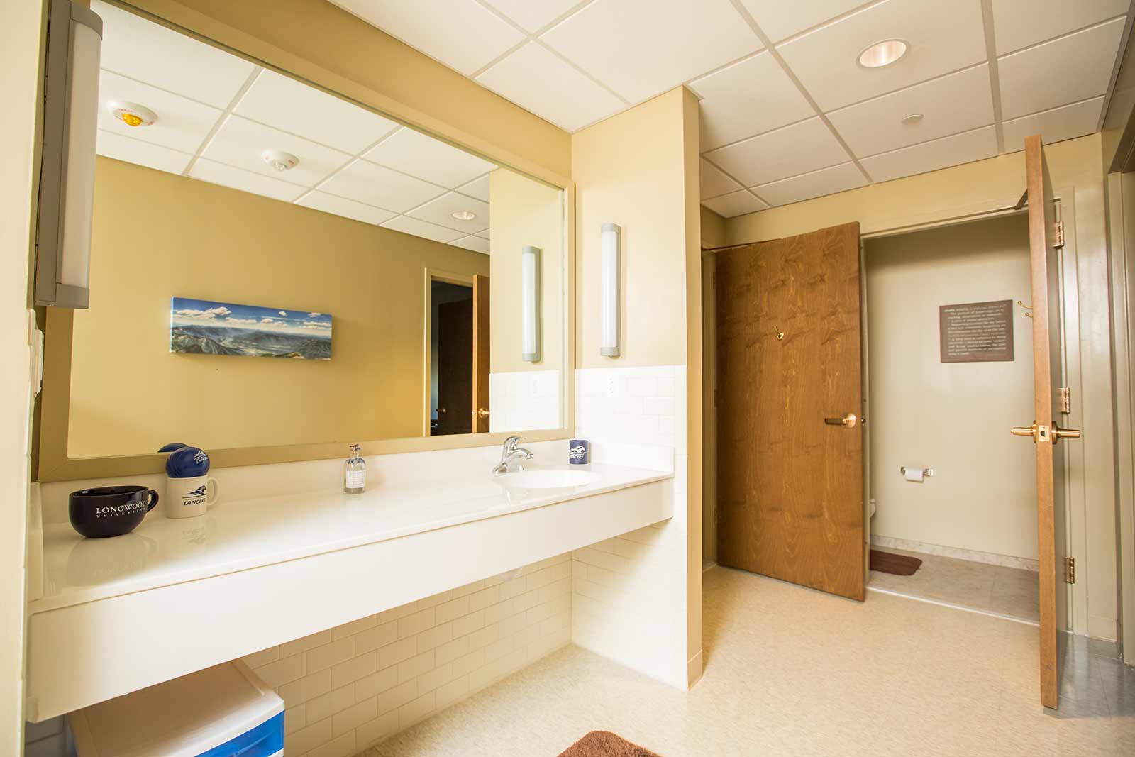 Restrooms in on-campus residence halls, with their wide countertops, are designed for ease and comfort.