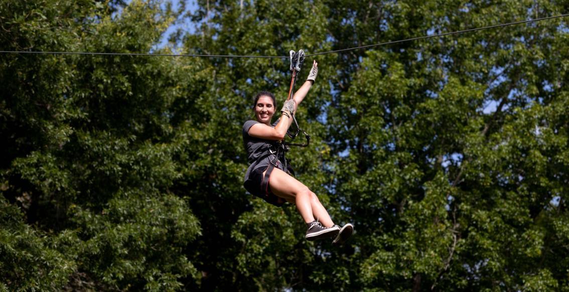 Person on the high wire at Sandy River Adventure Park