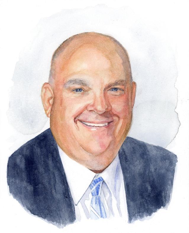 Watercolor portrait of Bradley H. Pomp, smiling and wearing a dark suit, white shirt, and blue patterned tie. The background is a light watercolor wash.