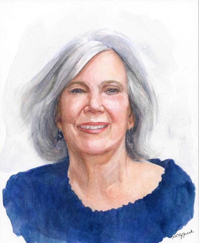 Watercolor portrait of Elizabeth Stanton Kostelny, smiling and wearing a navy blouse with earrings. The background is a light watercolor wash.