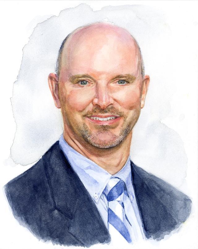 Watercolor portrait of Dr. Jason “Jake” Milne, smiling and wearing a navy suit, light blue shirt, and striped tie. The background is a light watercolor wash.