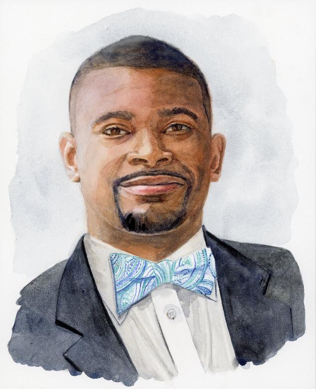 Watercolor portrait of a smiling man with short hair and a trimmed goatee, wearing a dark suit jacket, a white shirt, and a colorful paisley bow tie in shades of blue and green. The background is a soft, textured gray wash.