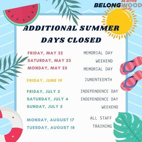 Friday, May 22 – Memorial Day Saturday, May 23 – Weekend Monday, May 25 – Memorial Day Friday, June 19 – Juneteenth Friday, July 3 – Independence Day Saturday, July 4 – Independence Day Sunday, July 5 – Weekend Monday, August 17 – All Staff Tuesday, August 18 – Training