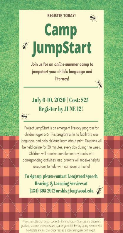 Camp Jumpstart Ad surrounded by ants on a picnic - Flyer for Camp JumpStart, an online summer camp for children ages 3–5 focused on language and literacy, held July 6–10, 2020 for $25, with daily 30-minute sessions, books, and activities; registration due by June 12.