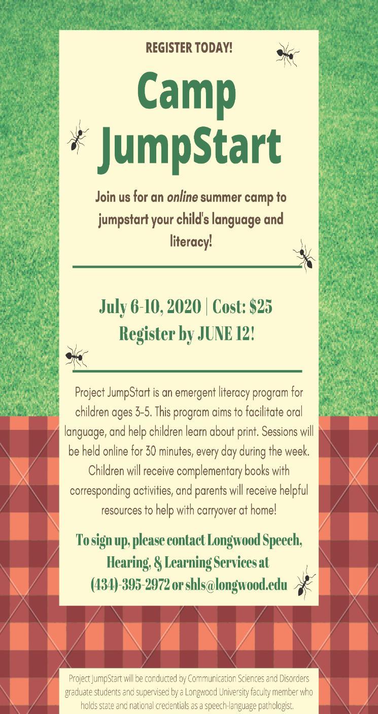 Camp Jumpstart Ad surrounded by ants on a picnic - Flyer for Camp JumpStart, an online summer camp for children ages 3–5 focused on language and literacy, held July 6–10, 2020 for $25, with daily 30-minute sessions, books, and activities; registration due by June 12.