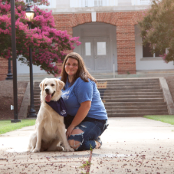 Kurustun Musick - A person in a blue t-shirt and ripped jeans kneels on a sidewalk next to a golden retriever wearing a blue bandana, with pink flowering trees, lampposts, and a red brick building with white doors in the background.