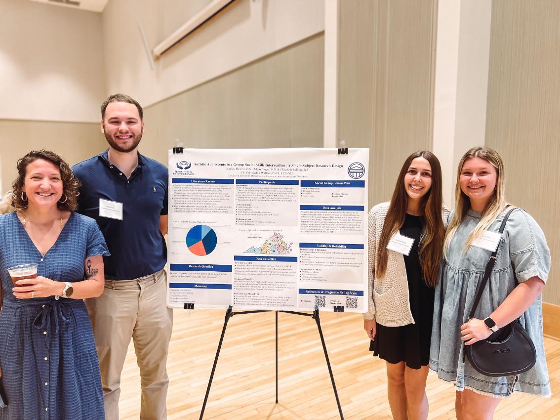 CSD Group - Four individuals stand beside a research poster at a conference event.   The study focuses on public awareness of insecticide-treated nets in Virginia Beach.   The poster includes sections like Methods, Results, and a pie chart with a map.   All wear name tags, indicating participation in the presentation.
