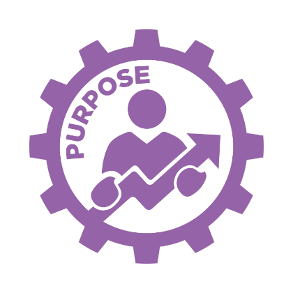 Purple icon of a gear encircling a stylized person and upward arrow. The word “Purpose” curves along the inside of the gear. The arrow rises diagonally, symbolizing growth and direction. Graphic represents Longwood Well-Being’s core value of Purpose.