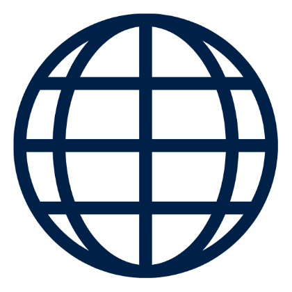 -A dark blue line icon depicting a globe symbol. The design features a circle divided by horizontal and vertical lines. Two curved longitude lines and two latitude lines create a grid pattern. The style is simple and geometric on a transparent background.