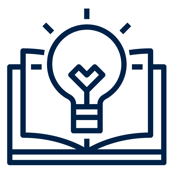 -Dark blue line icon showing an open book with a light bulb emerging from its center. The bulb features a heart-shaped filament, symbolizing ideas inspired by care and learning. Radiating lines around the bulb suggest creativity and discovery. The image represents education, innovation, and intellectual growth.