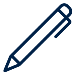 -A simple dark blue line icon of a pen tilted diagonally. The pen has a pointed tip on the lower left and a clip on the upper right. Its design is minimal and geometric with even line thickness. The background is transparent, emphasizing the pen outline.