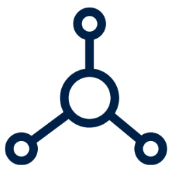 -A simple dark blue icon with one central circle connected to three smaller circles. Each smaller circle is evenly spaced, forming a triangular pattern. The connecting lines are of uniform thickness and radiate outward. The design suggests a molecular or network structure on a transparent background.