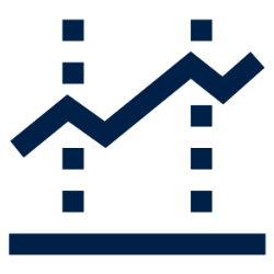 -A dark blue line icon representing a data chart or graph. It features a zigzag line connecting points to show upward and downward trends. Two vertical dashed lines frame the chart, with a solid horizontal baseline below. The design is minimal and geometric on a transparent background.