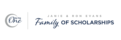 -Janie and Ron Evans Family of Scholarships logo. The left side features a circular “Be the One” emblem in gray. To the right, “Janie & Ron Evans” appears in light gray capital letters above “Family of Scholarships” in navy blue, with “Family” in a script font. The design reflects Longwood University’s Be the One campaign branding.