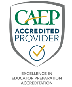 - CAEP Accredited Provider badge with a check mark inside a shield. Green, blue, and gold lettering highlights accreditation status. A circular check mark symbol appears beneath the word “Provider.” Text below reads “Excellence in Educator Preparation Accreditation.”
