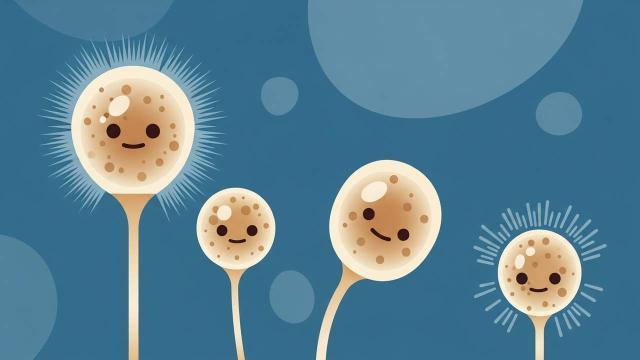 - Cartoon Spores — Stylized illustration of four smiling spores with brown spots and glowing effects, set against a blue cellular background