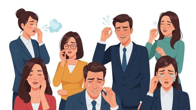 Illustration of eight business-dressed people reacting as if exposed to mold