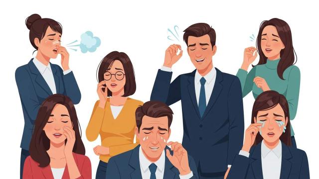 Illustration of eight business-dressed people reacting as if exposed to mold