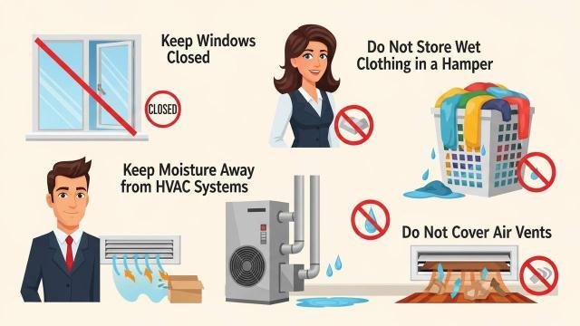 Instructional graphic showing four indoor air-quality tips: keep windows closed, avoid storing wet clothes, keep moisture away from HVAC systems, and do not cover air vents.