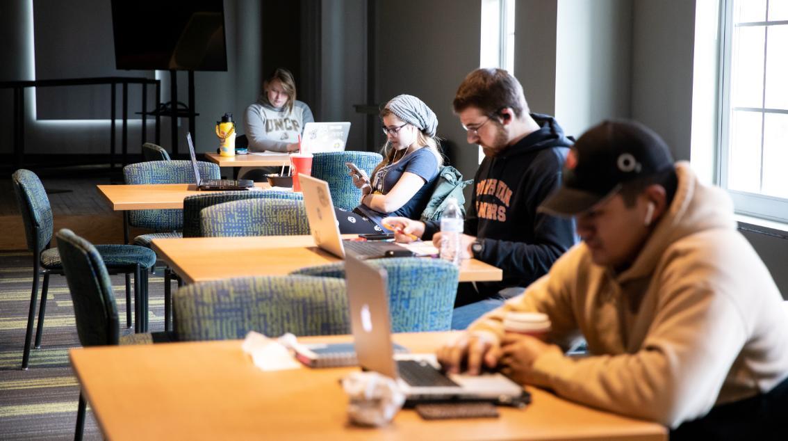 Students working at their laptops in the student union