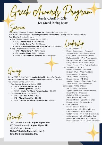 - Greek Awards Program poster with gold script headline and star accents. Event details list Sunday, April 14, 2024, in the Lee Grand Dining Room. Sections highlight awards for service, giving, growth, and leadership. Text names participating Greek organizations, projects, officers, and award recipients.
