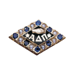 Alpha Delta Pi Pin - Gold Alpha Delta Pi sorority pin with a diamond shape. Blue stones and white pearls surround the border. Greek letters ΑΔΠ appear in white on a dark center band. A small gold quill sits above the letters at the center.