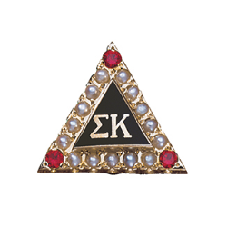 Sigma Kappa pin - Gold Sigma Kappa sorority pin in a triangular shape. Greek letters ΣΚ appear on a black center panel. Pearls and red stones decorate the gold border. The pin is shown against a white background.