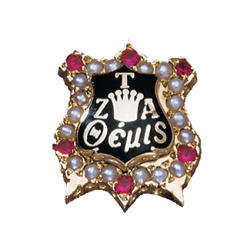 Zeta Tau Alpha pin - Gold Zeta Tau Alpha sorority pin with a shield-shaped design. Black enamel center displays Greek letters ΖΤΑ and the phrase “Θεμις.” Pearls and red gemstones decorate the gold border around the shield. The pin is shown against a white background.
