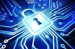 - Digital illustration of a glowing padlock icon.