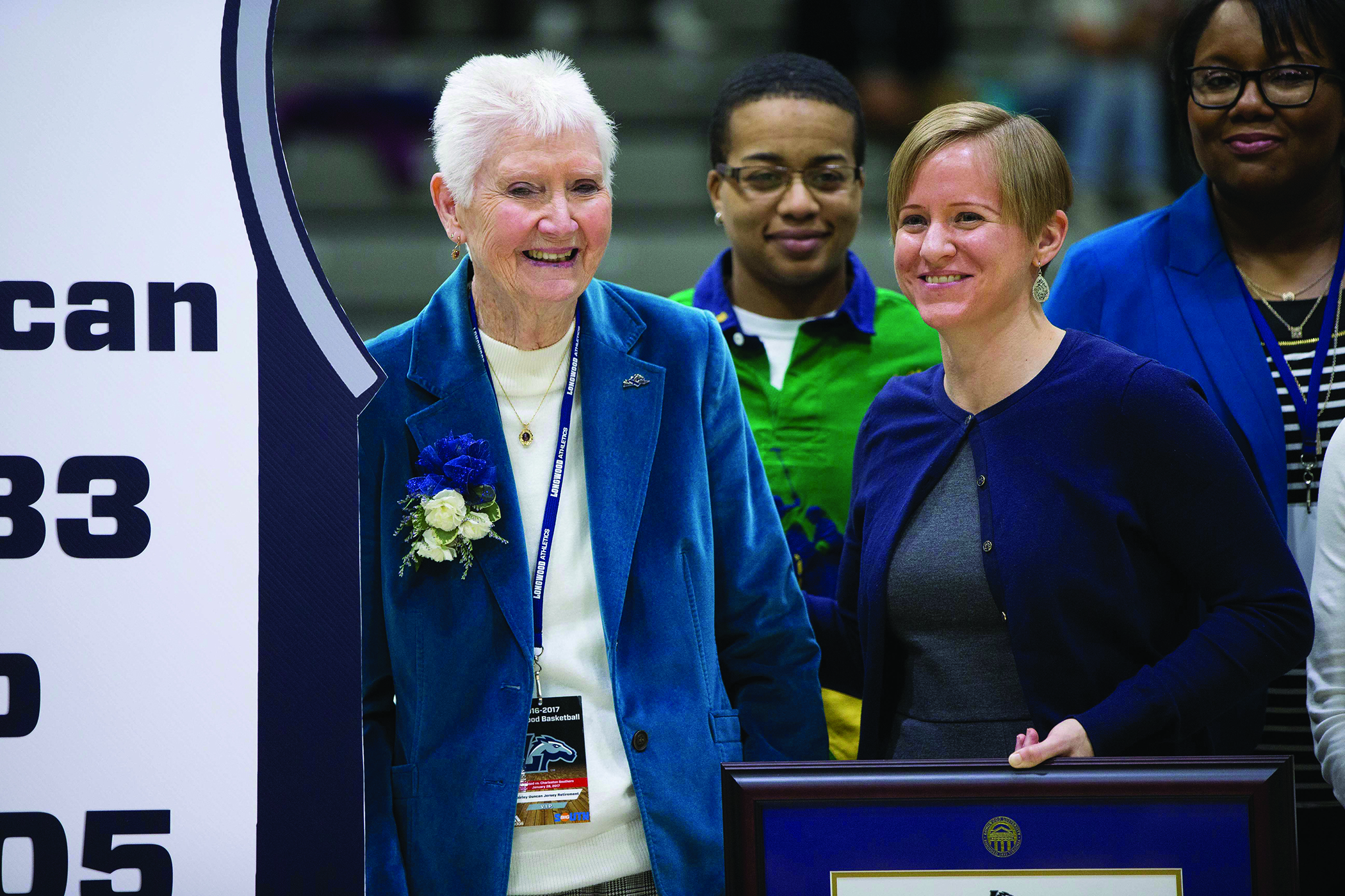 Former Longwood women’s basketball coach Shirley Duncan (on left).
