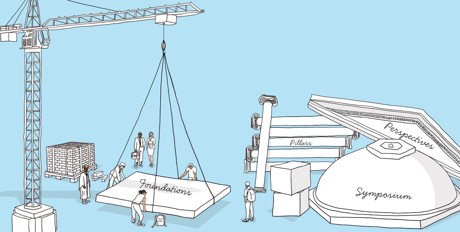 Illustration of people putting together a rotunda with blocks marked for elements of the new curriculum