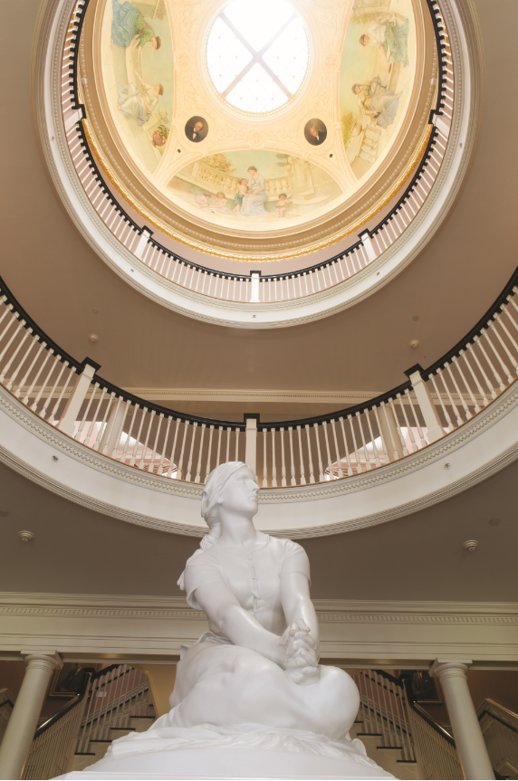 Purchased as a gift by the Class of 1914, this depiction of Joan of Arc, affectionately known as Joanie on the Stony, is centered under the dome of the Rotunda. Henri-Michel-Antoine Chapu (French, 1833-1891); Joan of Arc at Domrémy, 1870; cast by P.P. Caproni and Brother of Boston, 1914; plaster; collection of the Longwood Center for the Visual Arts.