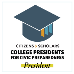 College Presidents for Civic Preparedness - Graphic of a graduation cap above text about civic preparedness leadership. The design reads “Citizens & Scholars College Presidents for Civic Preparedness.” The word “President” appears highlighted below in a script font. Muted blue, gold, and black colors create a clean, formal badge style.