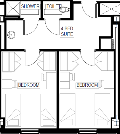 Double suites consist of two rooms within the same suite that share a bathroom. - Floor plan diagram of a four-bed residence hall suite. Two bedrooms each contain two beds and desks for students. A shared central foyer connects the bedrooms to the bathroom area. The bathroom includes a sink area, a separate toilet room, and a shower.