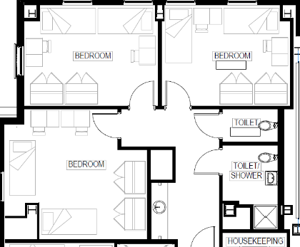 Triple suites consist of three rooms within the same suite that share a bathroom. Most of these suites will house six residents, two in each room; while there are some which will house five residents – two residents assigned to two rooms and one resident in the third room.