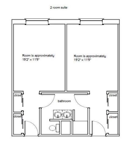 Floor plan of a 2-room suite with two equal bedrooms (15'2