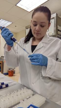 - A student researcher works in a laboratory using a pipette to transfer liquid into a small vial. She wears a white lab coat and blue gloves while carefully measuring samples. Test tubes and lab equipment are arranged on the bench in front of her. The scene shows hands-on scientific research in a laboratory setting.