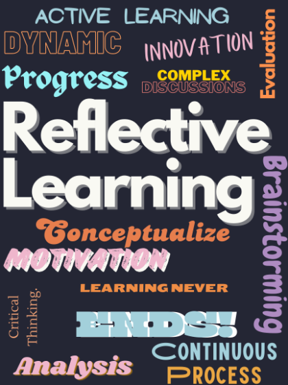 Reflective Learning - Word cloud on a dark background emphasizing “Reflective Learning” in large white text. Other prominent words include Active Learning, Innovation, Progress, Conceptualize, and Motivation. Additional phrases include Complex Discussions, Critical Thinking, Continuous Process, and Learning Never Ends. Vertical words read “Evaluation” and “Brainstorming,” with “Dynamic” and “Analy